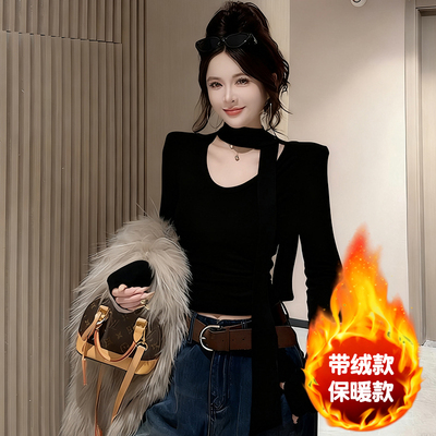 韩系小众高级感飘带V领长袖T恤