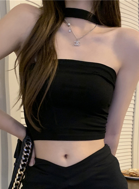 2025夏季新款辣妹上衣短款独特别致抹胸挂脖露背一字肩吊带小背心