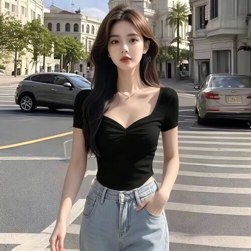 辣妹纯欲风性感V领T恤上衣夏季女