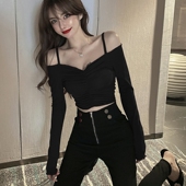 漏锁骨性感吊带一字肩露肩短款 上衣女辣妹港风紧身露脐t恤打底衫