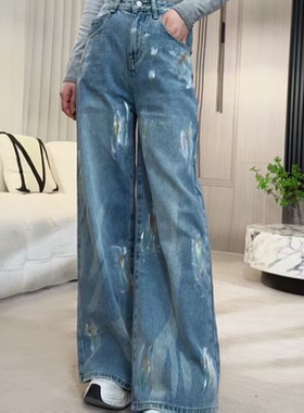 【若楠服饰】个性涂鸦简约高级时髦牛仔裤-57776