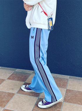 过验Needles track新款浅蓝色条纹蝴蝶绣花运动休闲日系长裤男女