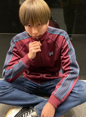 NEEDLES Track Jacket复古条纹蝴蝶绣花酒红夹克运动休闲男女外套