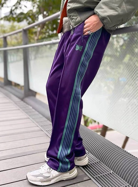 Needles track蝴蝶刺绣织带百搭休闲宽松FOG运动裤潮紫色长裤男女