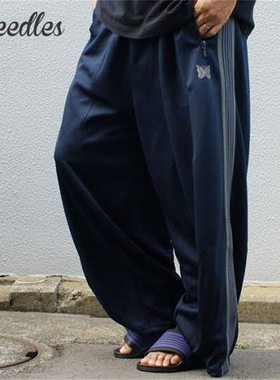 Needles track条纹HD蝴蝶绣花运动休闲日系阔腿长裤飞鼠裤男女款