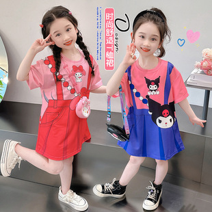 童装新款卡通可爱连衣裙女童休闲裙子夏季儿童T恤裙假两件连衣裙