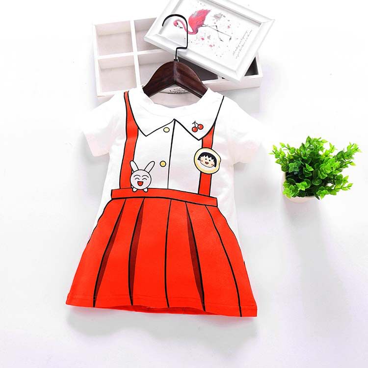 2023款夏装女童短袖长款裙连衣裙学院风卡通印花假两件可爱公主裙