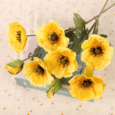 大枝虞美人仿真花 植绒4头罂粟花室内 家居婚庆摄影虞美人仿真花