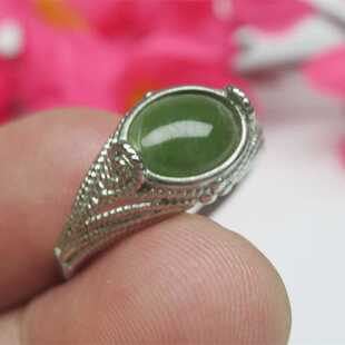 天然玉石和田玉祖母绿碧玉戒指女925纯白银活口可调节指环礼物
