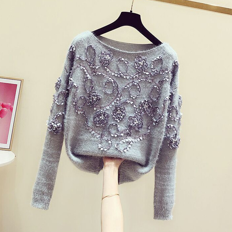 手工立体花瓣钉珠圆领长袖针织衫女2025秋冬新款韩版休闲百搭毛衣