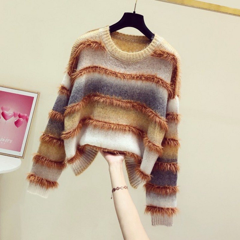 复古慵懒风貂绒毛拼接圆领撞色条纹毛衣女2025秋冬新款休闲针织衫