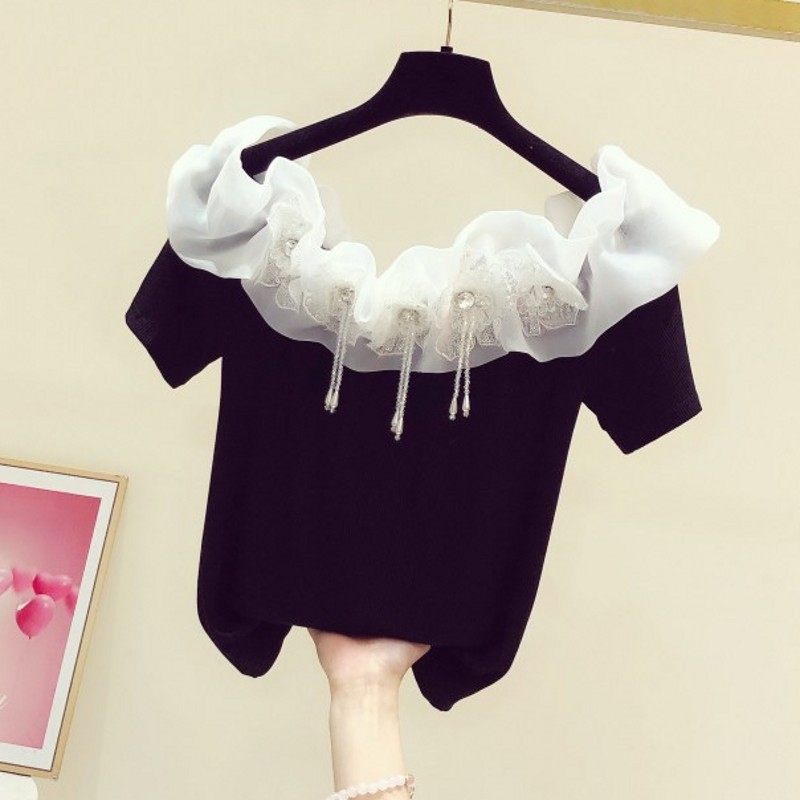 欧根纱木耳边钉珠亮片花朵一字领短袖T恤女2025夏季新款显瘦上衣