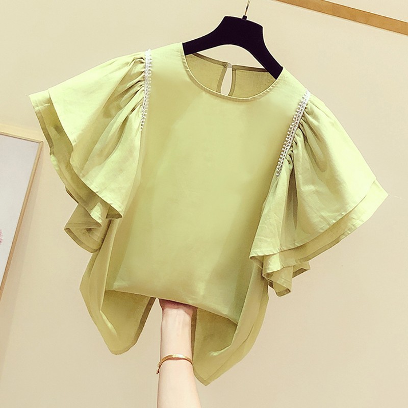 韩版荷叶边飞飞袖休闲圆领夏装