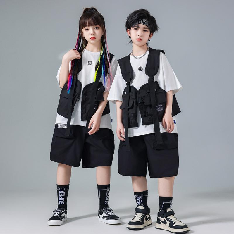 马甲工装儿童走秀短裤男童套装女童夏季爵士舞演出服嘻哈潮服街舞