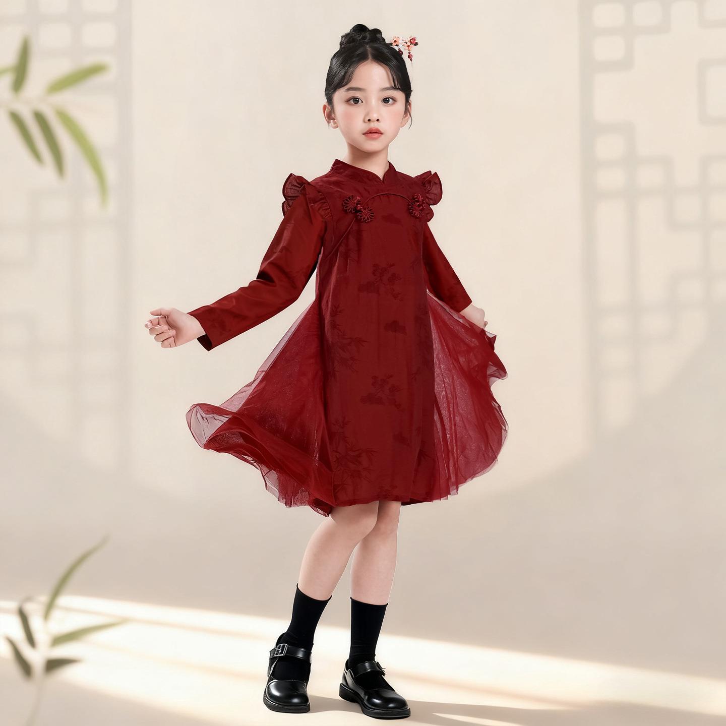 连衣裙风红色表演合唱中国女童演出服汉服啦啦队小学生旗袍裙儿童