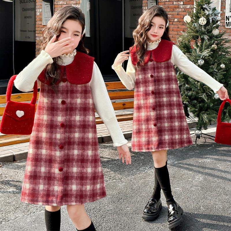 新款2025加绒加厚红色女童连衣裙新年冬装套装服裙子时髦洋气拜年