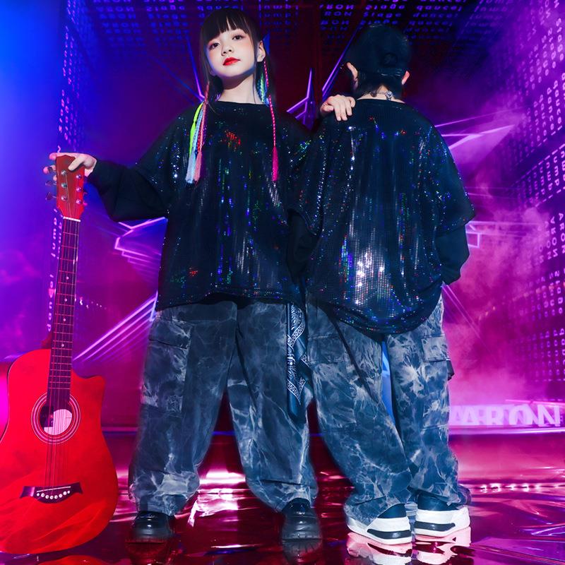 嘻哈服走秀爵士舞女童街舞演出服儿童表演hiphop男童时装亮片潮服
