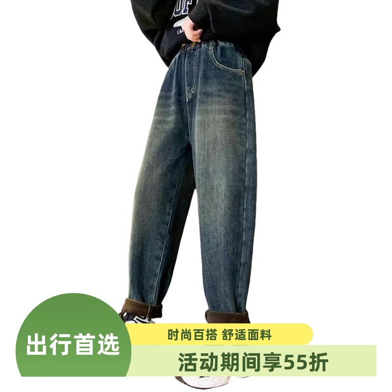 老爹女孩冬装中大童新款儿童女童长裤秋冬加厚牛仔裤加绒一体2025