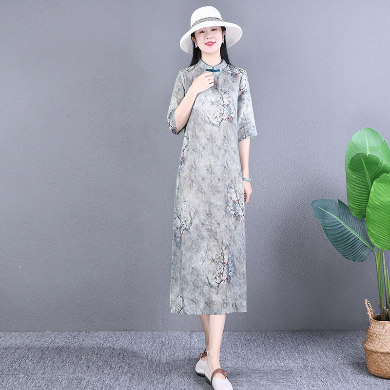 NATURE SHOP 오리지널 디자인 하이 엔드 초극세 순수 라미 드레스 문학적 복고풍 여름 여성용 치파오 개선