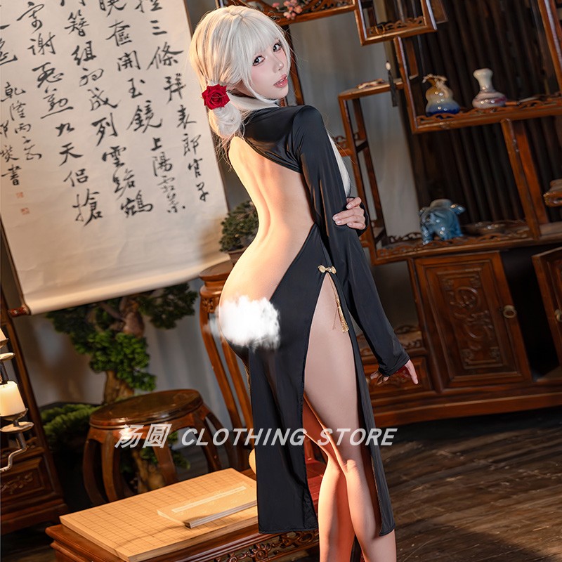 汤圆衣铺 免脱开叉纯欲修身诱惑深V禁欲系正反双面穿超性感旗袍