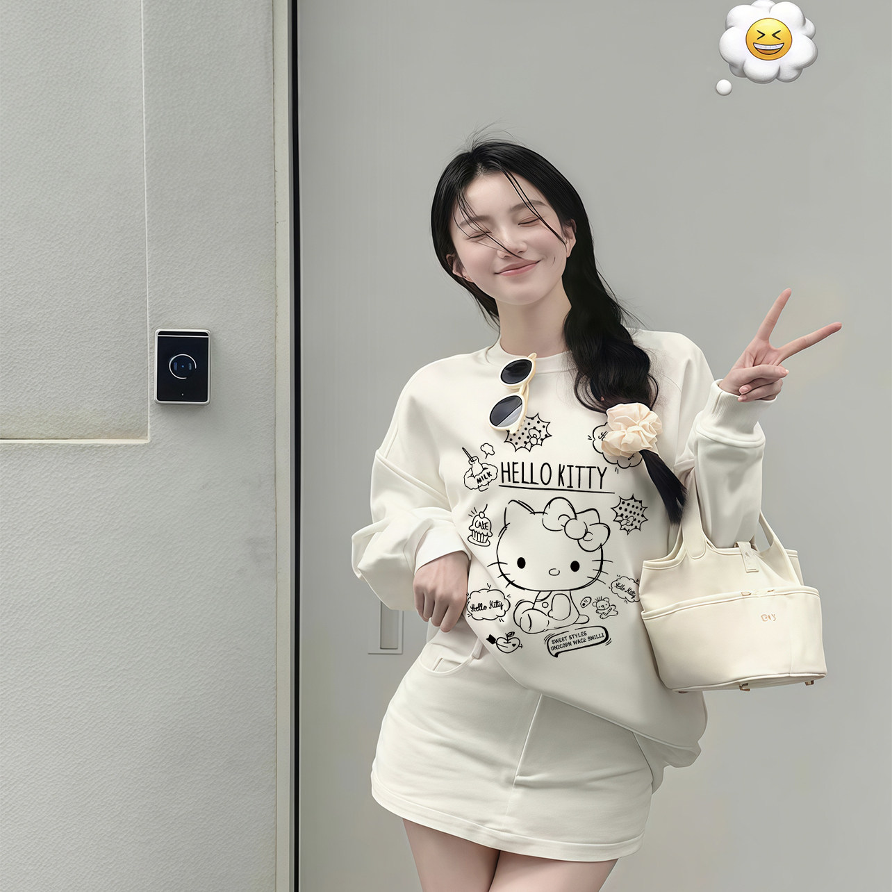 韩版可爱卡通印花卫衣女白色秋冬季宽松百搭长袖字母印花学生上衣