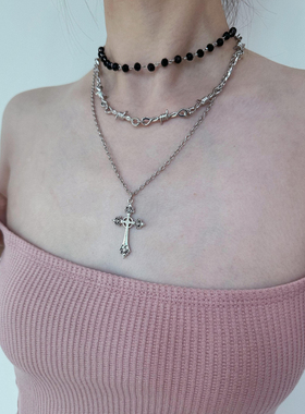 atmshop 朋克十字架吊坠珠串叠戴哥特风项链暗黑辣妹三条锁骨链