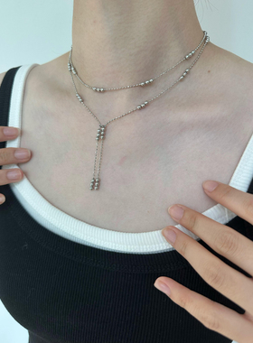 atmshop 银色简约银珠流苏双层叠戴项链高级韩系个性百搭锁骨链