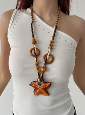 atmshop复古波西米亚木质海星珠串长款项链海边度假民族风个性女