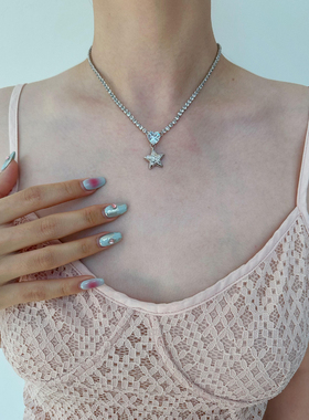 atmshop 超闪爱心五角星吊坠排钻链条项链甜酷辣妹高级气质锁骨链