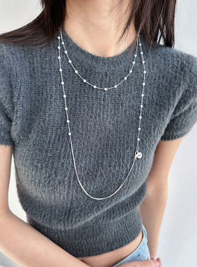 atmshop 多功能戴法优雅银色长链条珠珠项链百搭设计毛衣链叠戴