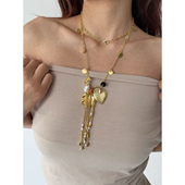 atmshop高级复古宫廷金色爱心流苏吊坠多用长项链叠戴锁骨链腰链