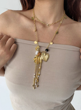 atmshop高级复古宫廷金色爱心流苏吊坠多用长项链叠戴锁骨链腰链