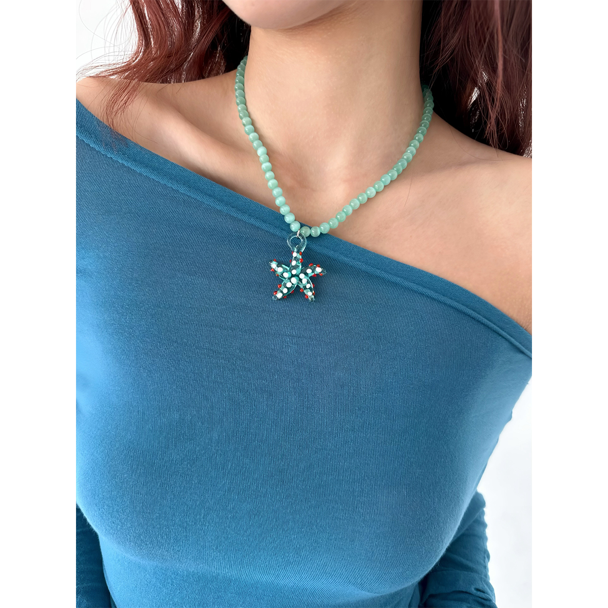 绿色波点海星玻璃猫眼石项链