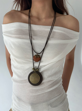 atmshop复古民族风木质圆盘双层长宽项链波西米亚森系棕色毛衣链