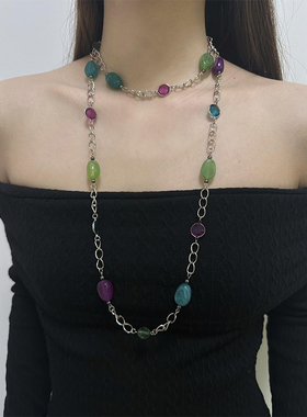 atmshop彩色vintage感珠串多巴胺撞色高级复古气质长款项链多带法
