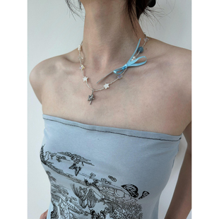 atmshop 蓝色缎带蝴蝶结五角星吊坠可爱项链少女甜美米珠锁骨链