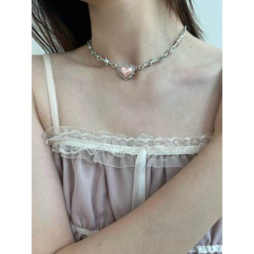 粉色爱心荆棘链条项链锁骨链