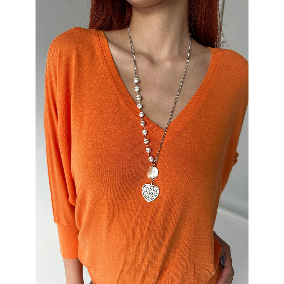 atmshop复古做旧时髦爱心吊坠珠串链条拼接长款项链多带法毛衣链