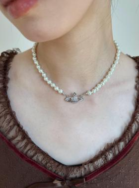 atmshop 赫本风气质土星玻璃锆石超闪仿珍珠项链百搭西太后锁骨链