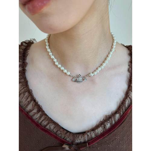 土星玻璃锆石珍珠项链锁骨链
