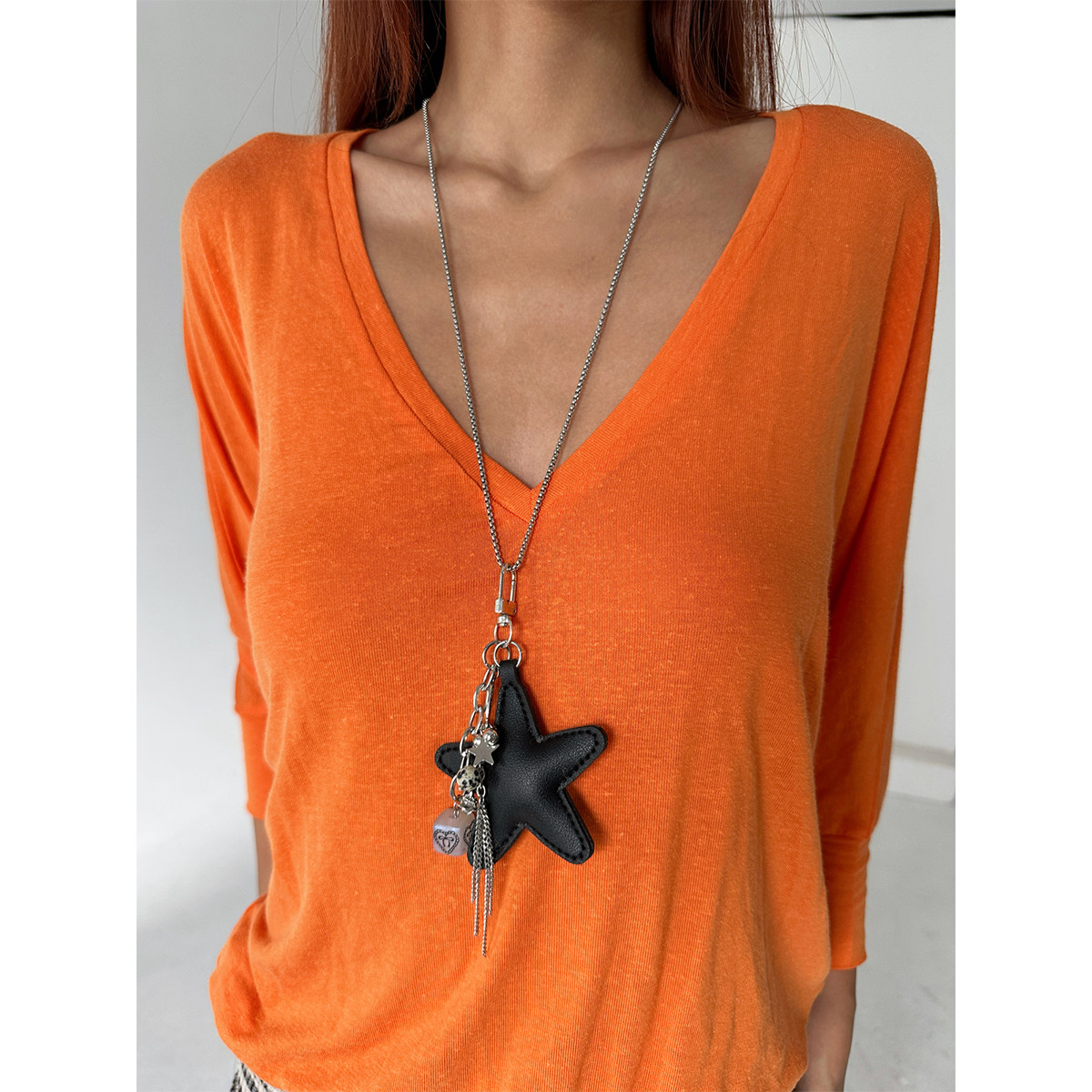 韩系小众立体五角星多元素流苏吊坠钥匙扣可拆卸ins长项链毛衣链