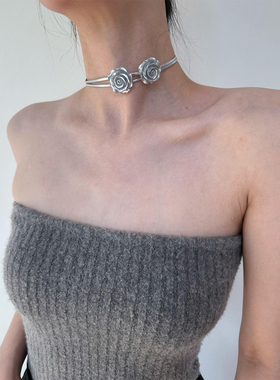 atmshop 银色玫瑰花朵双层冷淡风choker纯欲小众辣妹高级感项链