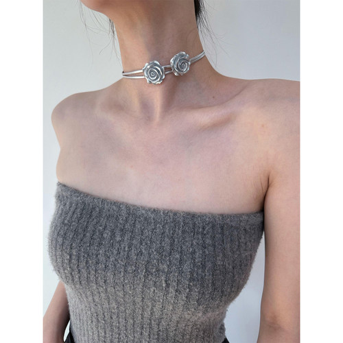 银色玫瑰花双层choker