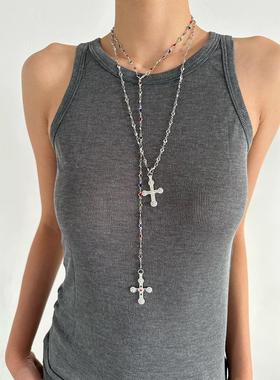 atmshop时髦复古镶嵌拼接十字架吊坠叠戴彩色辣妹甜酷个性长项链