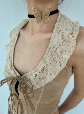 atmshop 蝴蝶之吻香槟色仙气立体蝴蝶choker辣妹y2k复古项圈项链