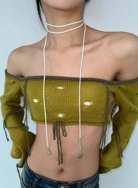 atmshop 波西米亚银珠铜牌吊坠麂皮长款蝴蝶结多功能小众项链腰绳