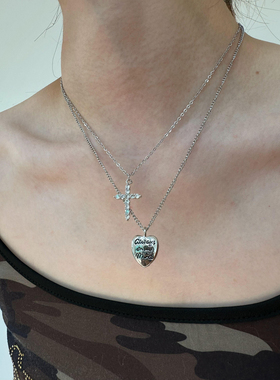 atmshop 韩系银色精致闪钻十字架爱心吊坠项链百搭高级叠戴锁骨链