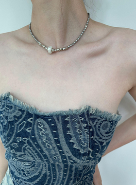 atmshop 韩国小众黑白圆珠镶钻星星项链ins设计银色y2k辣妹锁骨链