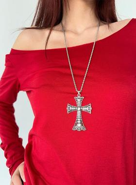 atmshop哥特辣妹复古做旧闪闪镂空精致十字架叠戴长款项链毛衣链