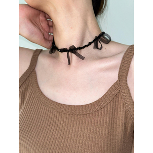 atmshop 黑色丝带蝴蝶结珠串复古项链小众甜酷辣妹ins百搭锁骨链